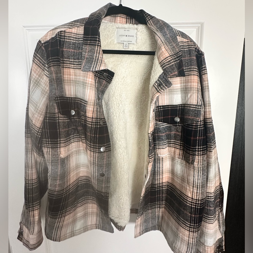 Lucky Brand Pink & Brown Plaid Sherpa-Lined Shacket